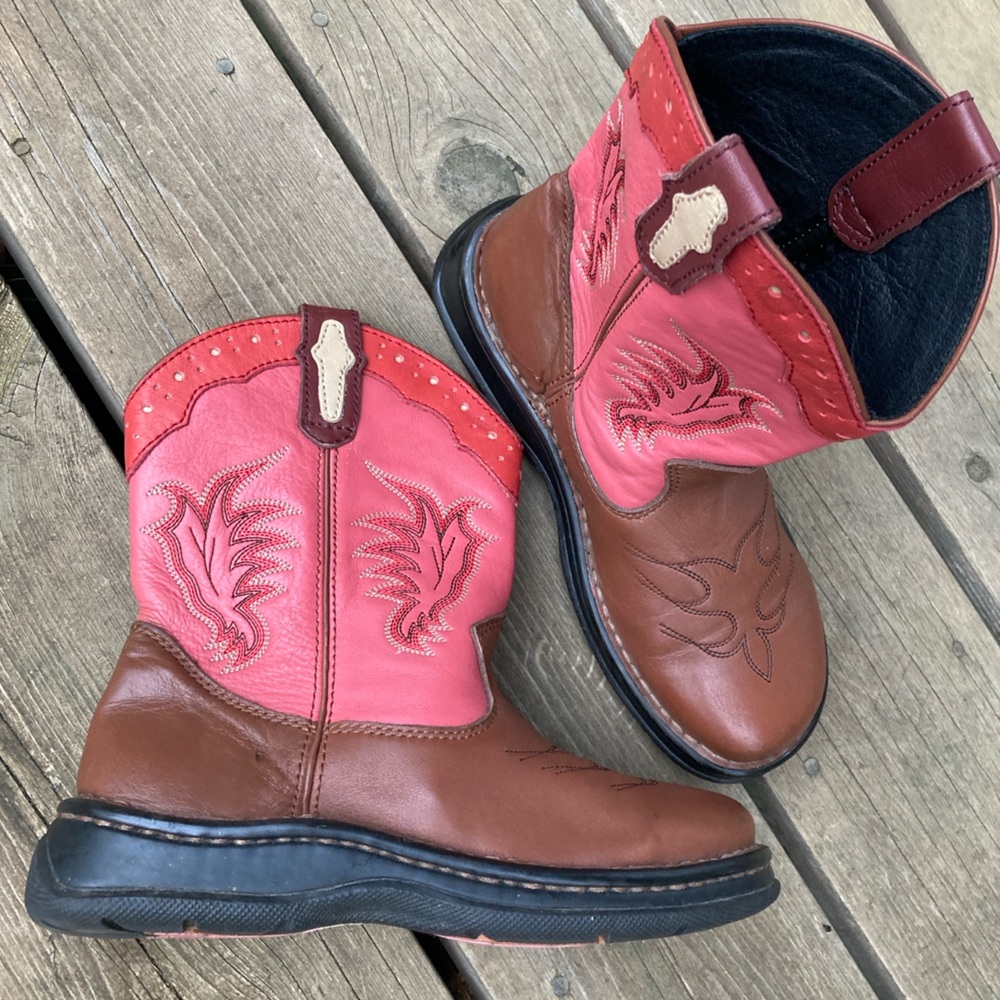 Rare DOUBLE H Boot Roper Western Cowboy Leather Colorful Pink Red Brown Size 7.5
